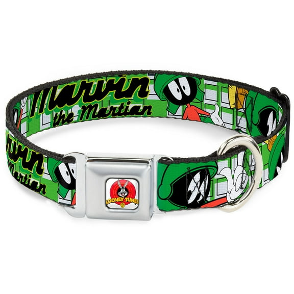 Looney Tunes Pet Collar, Dog Collar Metal Seatbelt Buckle, Marvin the Martian Poses White Green, 16 to 23 Inches 1.5 Inch Wide