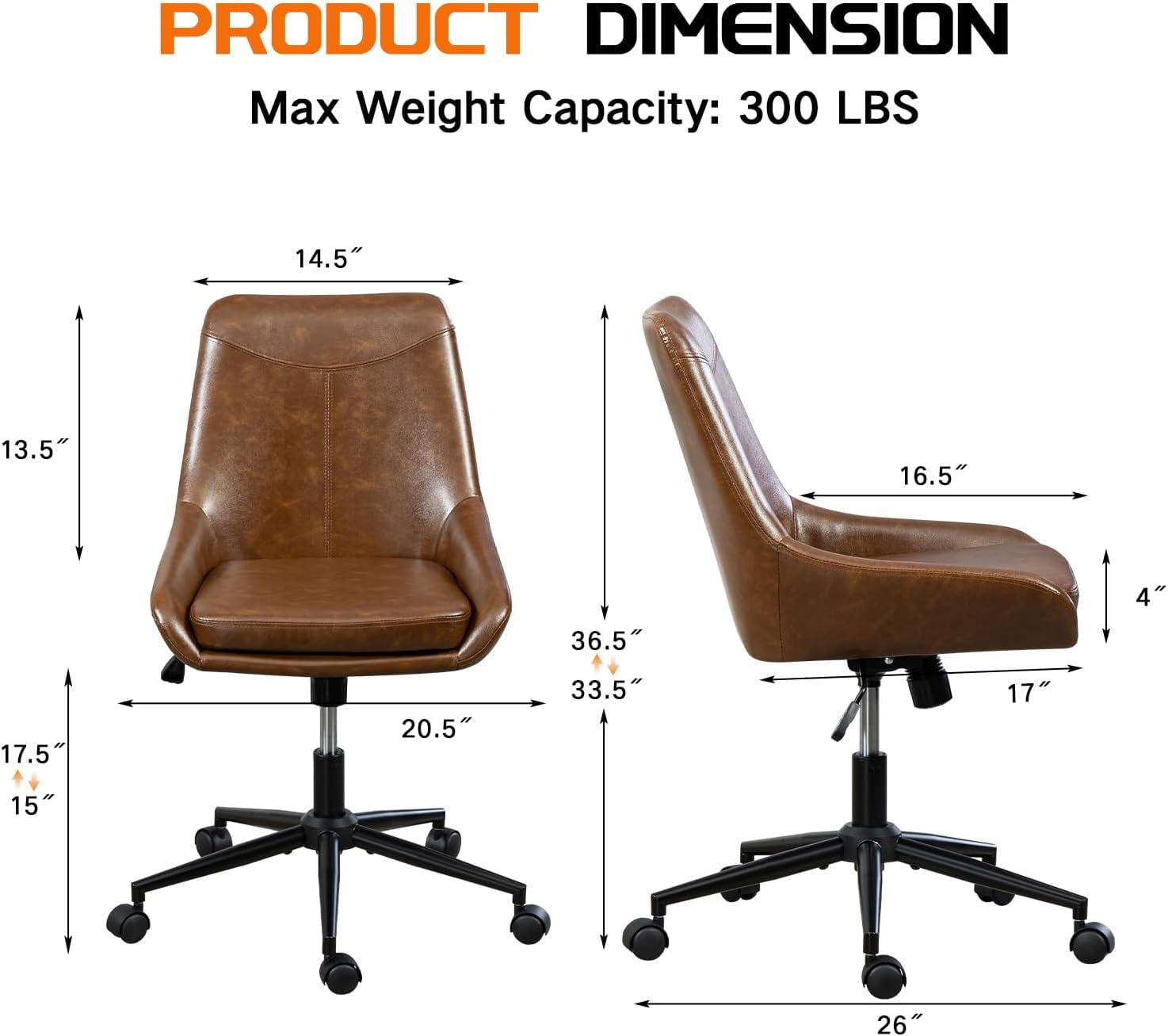 Faux Leather Home Office Chair，Comfortable Armless Task Chair Swivel Rolling Adjustable Height Home Office
