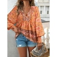 thumbnail image 4 of ZOELNIC Women's Boho Floral Print Blouse Dressy V-Neck Lantern Sleeve Top with Drawstring Detail, Casual Long Sleeve Shirt for Work or Weekend, XL, 4 of 6