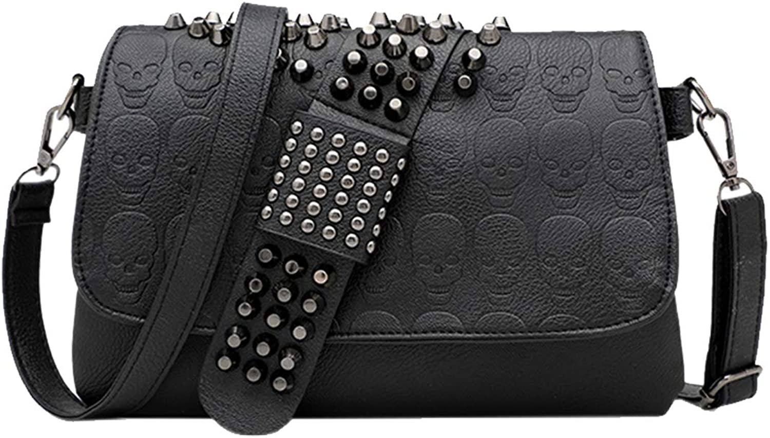 Womens Punk Skull Rivet Shoulder Bag PU Leather Goth Crossbody Bag with Chain Wallet Purse for Teen