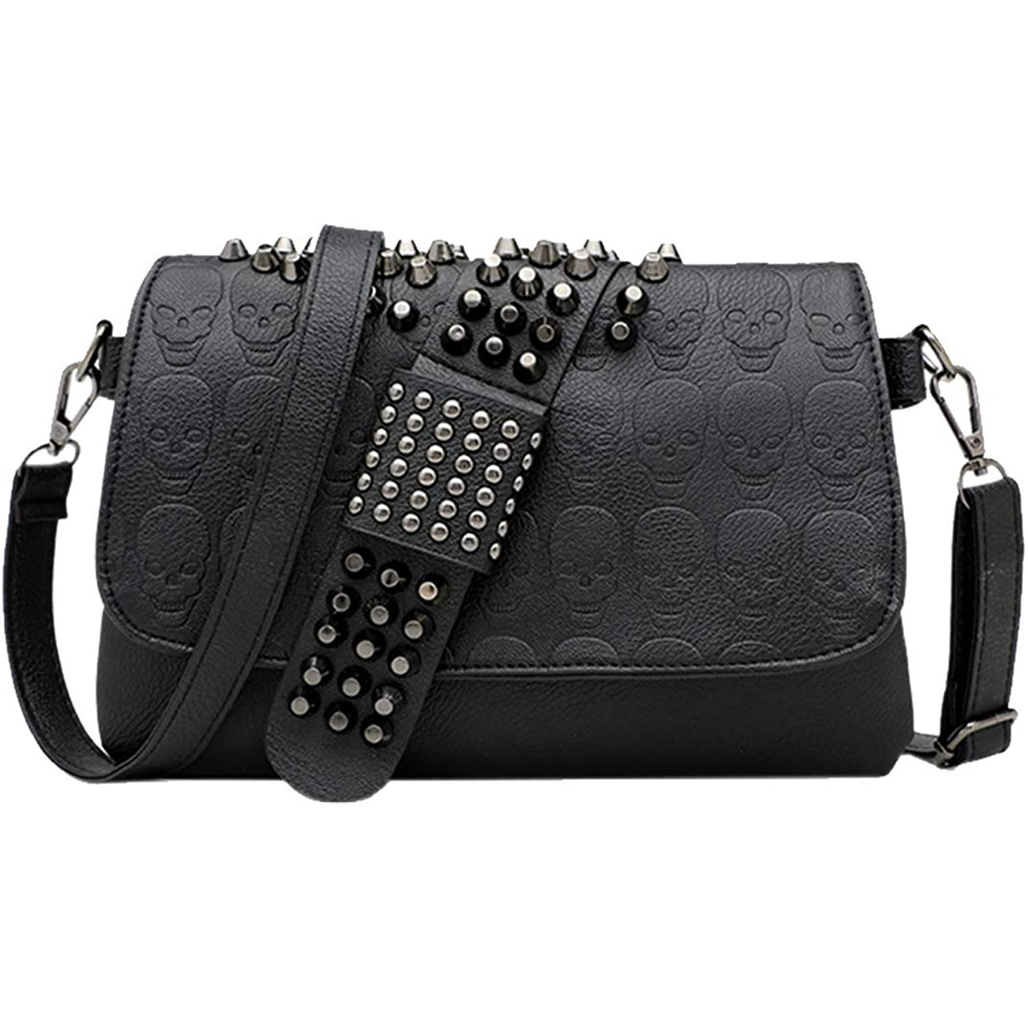 Womens Punk Skull Rivet Shoulder Bag PU Leather Goth Crossbody Bag with  Chain Wallet Purse for Girls