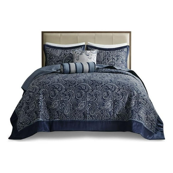 Pemberly Row 5-Piece Cotton Reversible Jacquard Bedspread Set in Navy