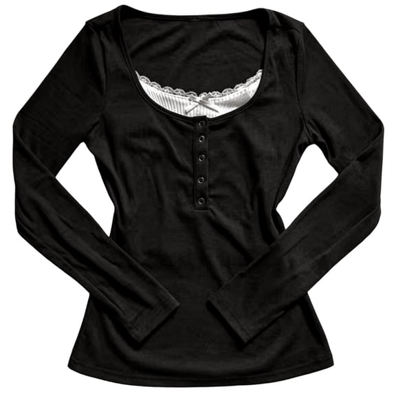 Likimi T Shirts For Women With Lace Crew Neck Long Sleeve Solid Color Slim Fit Comfortnable Tops Black Size L
