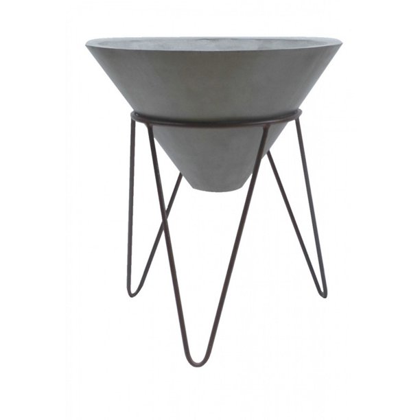 Modern Cone Shaped Concrete Planter with Metal Stand, Large, Gray and