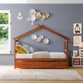 thumbnail image 2 of Twin House Bed with Trundle, Wooden Daybed Frame with Roof and Fence-Shaped Guardrail, Twin Size Platform Trundle Bed for Toddler, Kids, Teen, Can Be Decorated, No Box Spring Needed, Walnut, 2 of 8