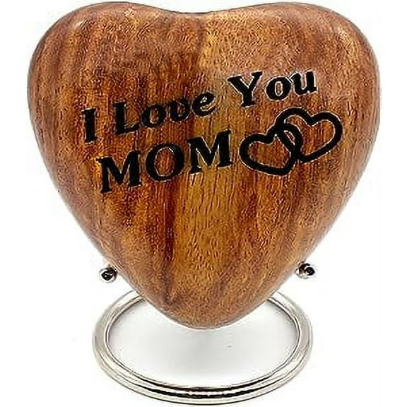 Wooden Heart Keepsake Urn - Mini Ash Urn Small Handcrafted Cremation Urn for Ashes - Tribute to Your MOM- Perfect for Adults with Premium Display Stand engraved with I LOVE YOU MOM