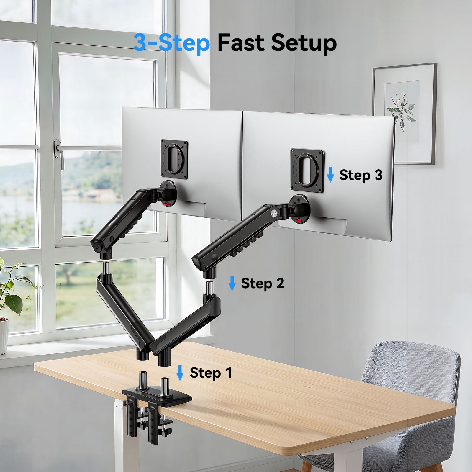 Kyspho FlowLift™ Dual Monitor Mount Stand for 13-32 inch Screens,Tool-Free Mount with MechaSpring,Full Motion Heavy Duty Visual Adjustment Arm Desk Mount, Max 100x100mm,Holds to 19.8 lbs per Monitor