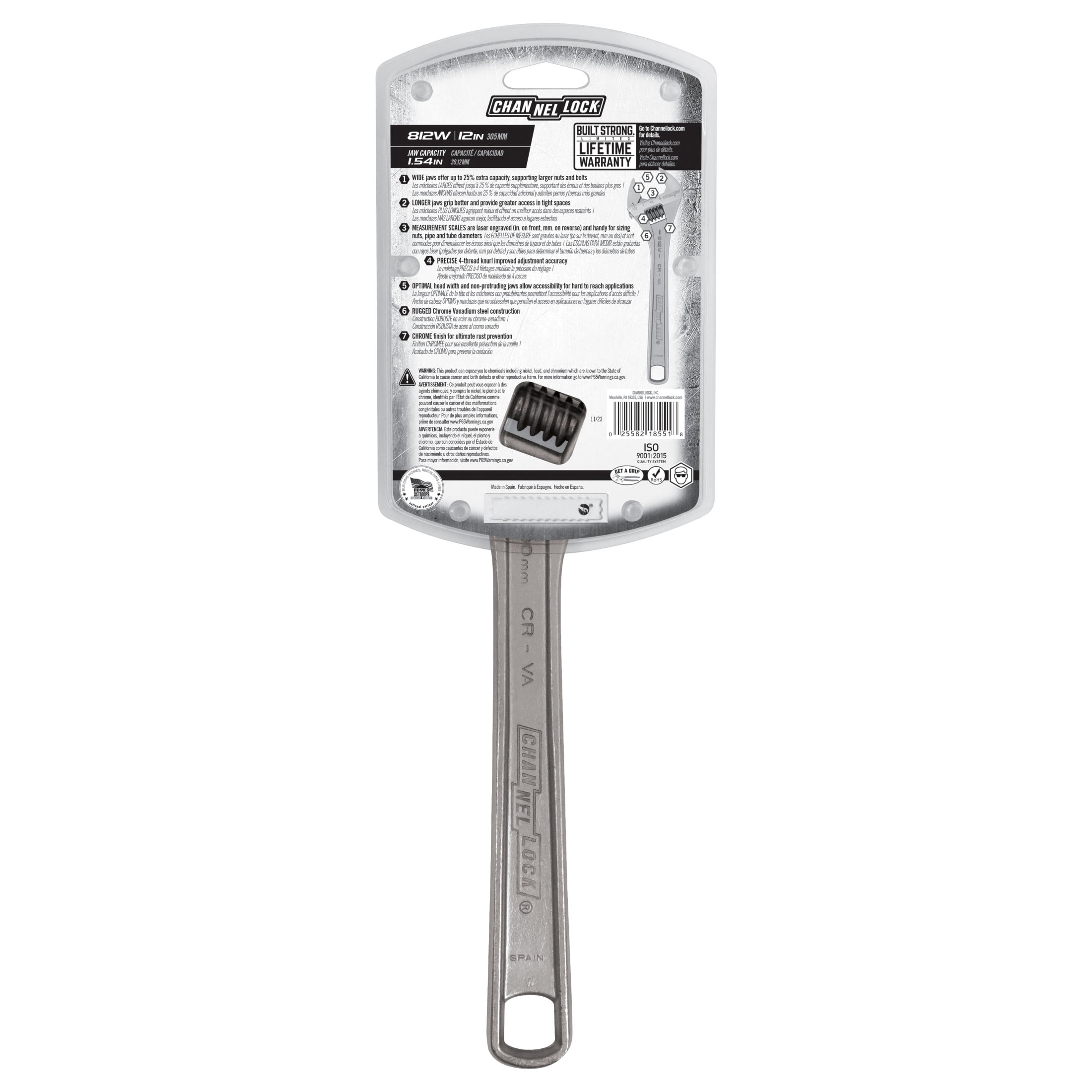 CHANNELLOCK 12-inch Adjustable Wrench, Precise 1.5-inch Wide Mouth Jaw Capacity (812W)