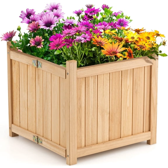 Outdoor Wooden Planter Box, Folding Raised Garden Bed W/Drainage Hole, Patio Square Container for Flowers, Vegetables, Fruits, Herbs, Collapsible Planting Box for Yard, 15" x 15" x 14"