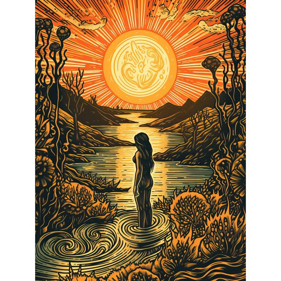 Woman Bathing in Creek at Sunset Modern Linocut Large Wall Art Poster Print Thick Paper 18X24 Inch