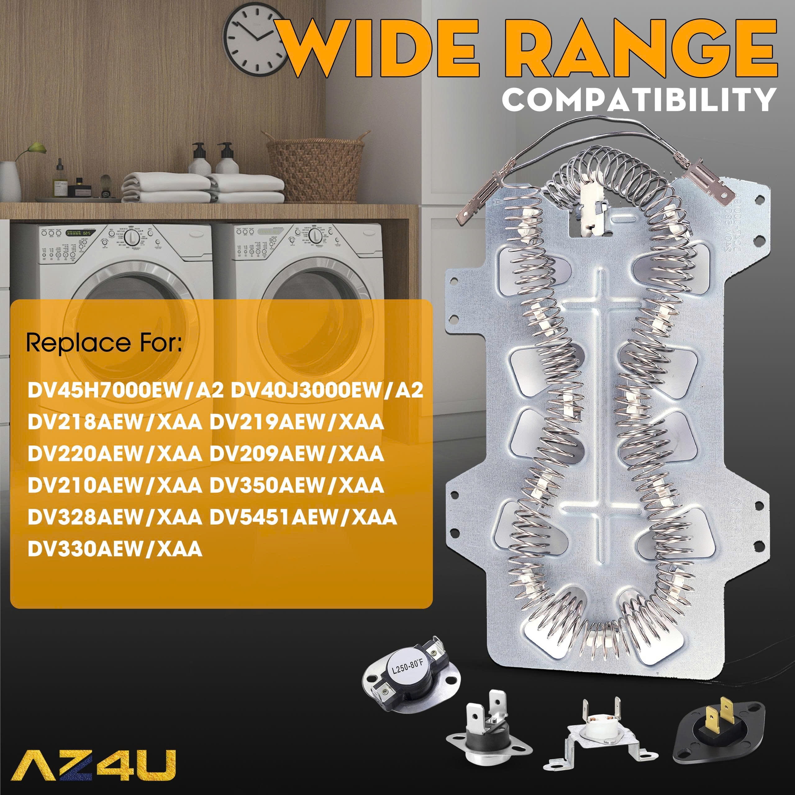 Dryer Heating Element For Samsung DV45H7000EW/A2 DV40J3000EW/A2 DV218AEW/XAA DV219AEW/XAA DV220AEW/XAA DV209AEW/XAA DV210AEW/XAA DV350AEW/XAA DV328AEW/XAA DV5451AEW/XAA DV330AEW With Thermostat Fuse