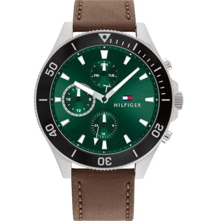 Tommy Hilfiger 1791983 Green Dial Brown Leather Strap 46MM Mens Watch