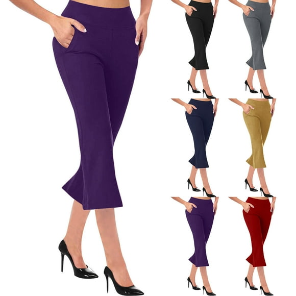 CFLVAEK Dressy Casual Capri Pants for Women with Pockets Slimming High Waistd Office Business Capris Comfy Flare Leg Slacks Solid Color Purple S