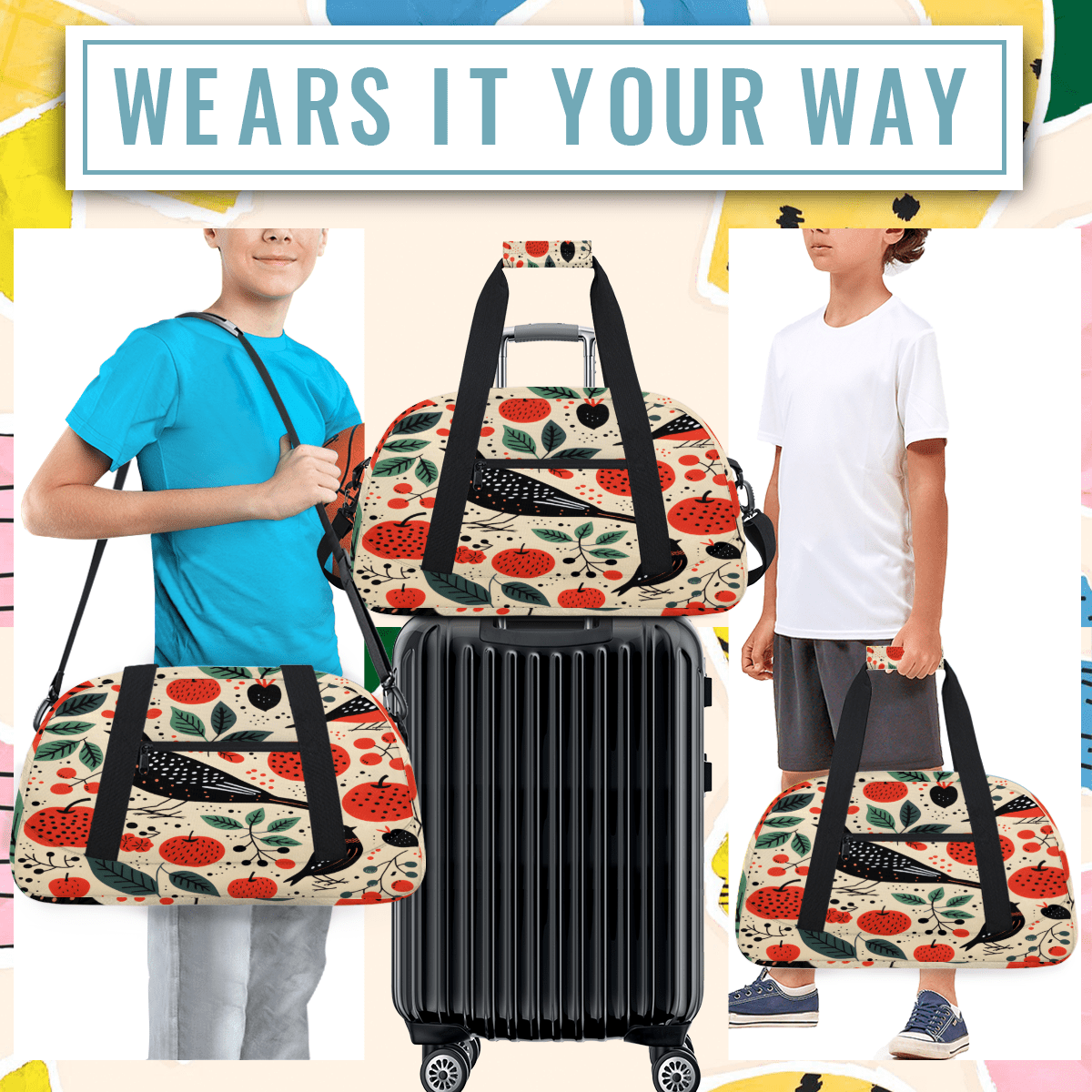 Herdesigns Apples and Birds Sports Duffle Bag for Women & Men, Farmhouse Gym Bag Dance Bag Overnight Bag Carry On Weekender Travel Bag
