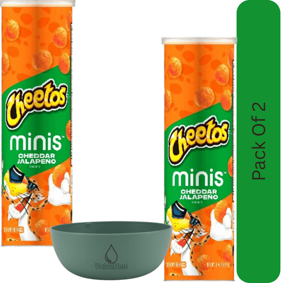 Cheetos Minis Cheddar Jalapeño Cheese Flavored Snacks, 3.625 oz Canister With Olive Green Bowl By ValueNest