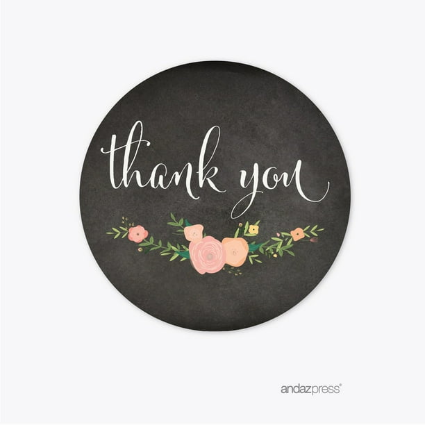 Thank You Black Chalkboard Floral Wedding Round Thank You Stickers, 40