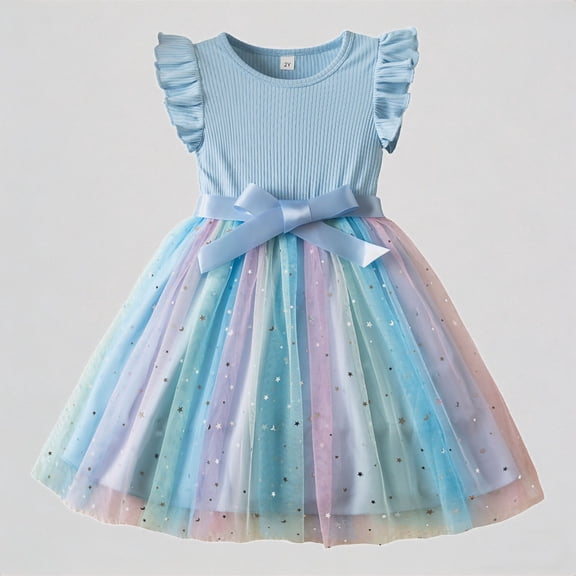REDARER Toddler Girls' Flutter Sleeve Ribbed Top Rainbow Glitter Tulle Dress with Satin Bow Casual Party Dress for Kids Occasion,3-4 Years