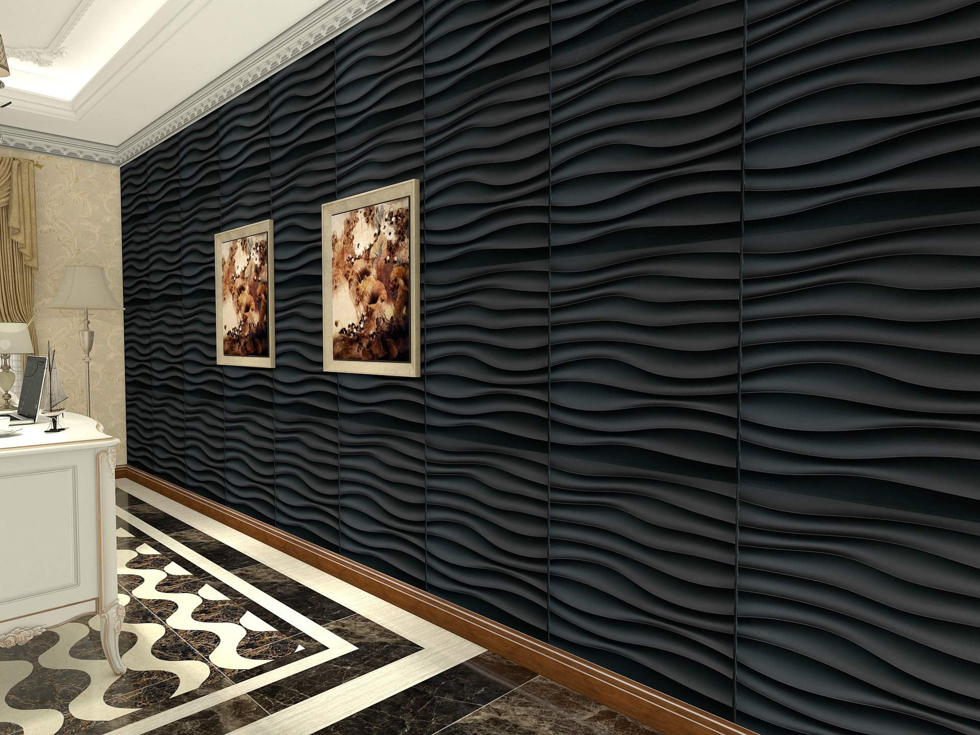 Art3d 19.7 in. x 19.7 in. PVC 3D Wall Panel,Wave Design in Black(12-Pack)