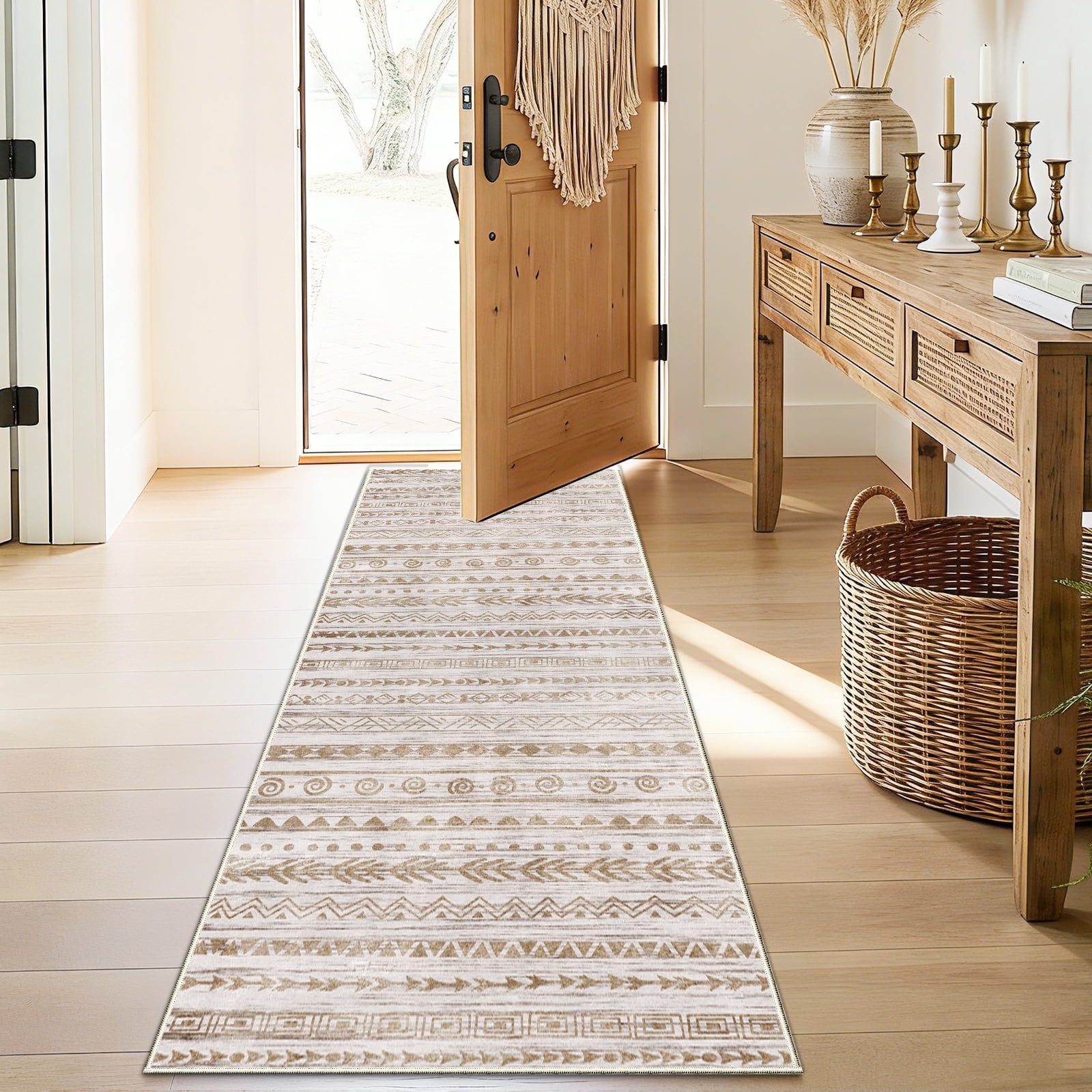 Boho 2'x6' Washable Hallways Rug, 2x6FT Runner Rug with Rubber Backed, Vintage Runners for Laundry Non Slip Carpet Khaki Lightweight Door Mat Indoor Entrance