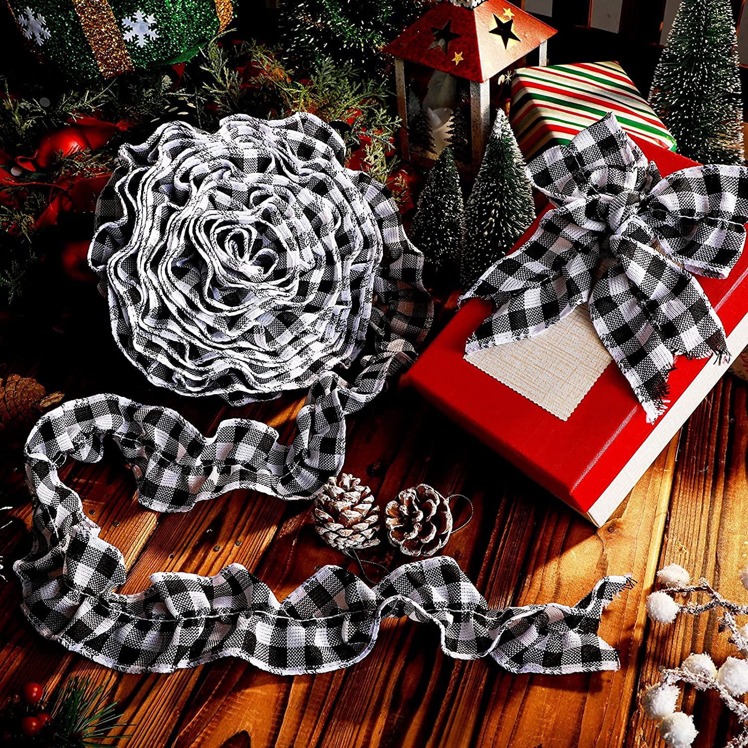 27ft Christmas Buffalo Plaid Ribbon Ruffled Homespun Fabric Garland, Christmas Tree Ribbon Decorations for Christmas Home Wreath Staircase Tree Decor