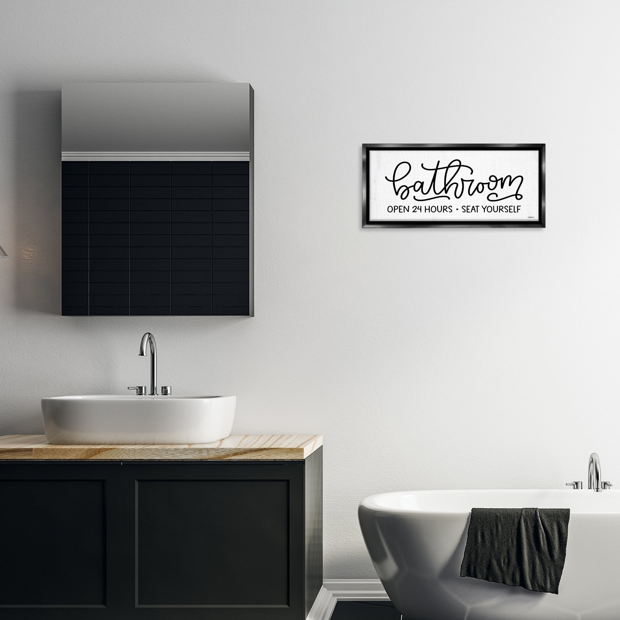 Stupell Industries Bathroom Seat Yourself Bath & Laundry Painting Black Floater Framed Canvas Art Print Wall Art, 25 x 11