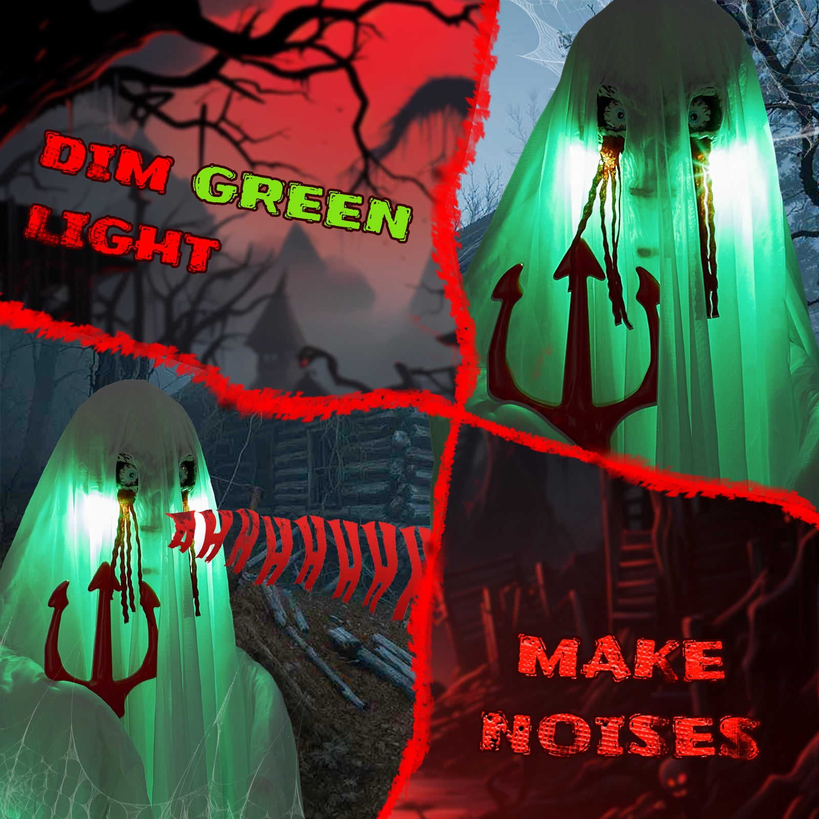 Astoutdoor Halloween Animatronic Ghost with Trident, Sound-Activated, Green Lights, 4.3 ft, Green