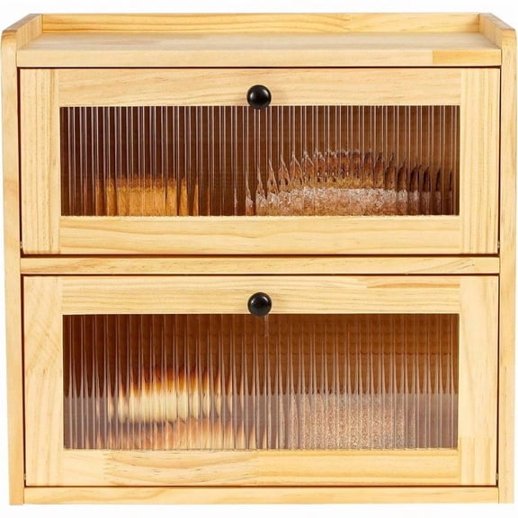 Bread Box for Kitchen Countertop Wooden Bread Storage Container Bin 2 Layer Breadbox Holder Large Capacity Keeper Vintage Farmhouse Food Organizer Pantry Shelf Acrylic WindowWood color