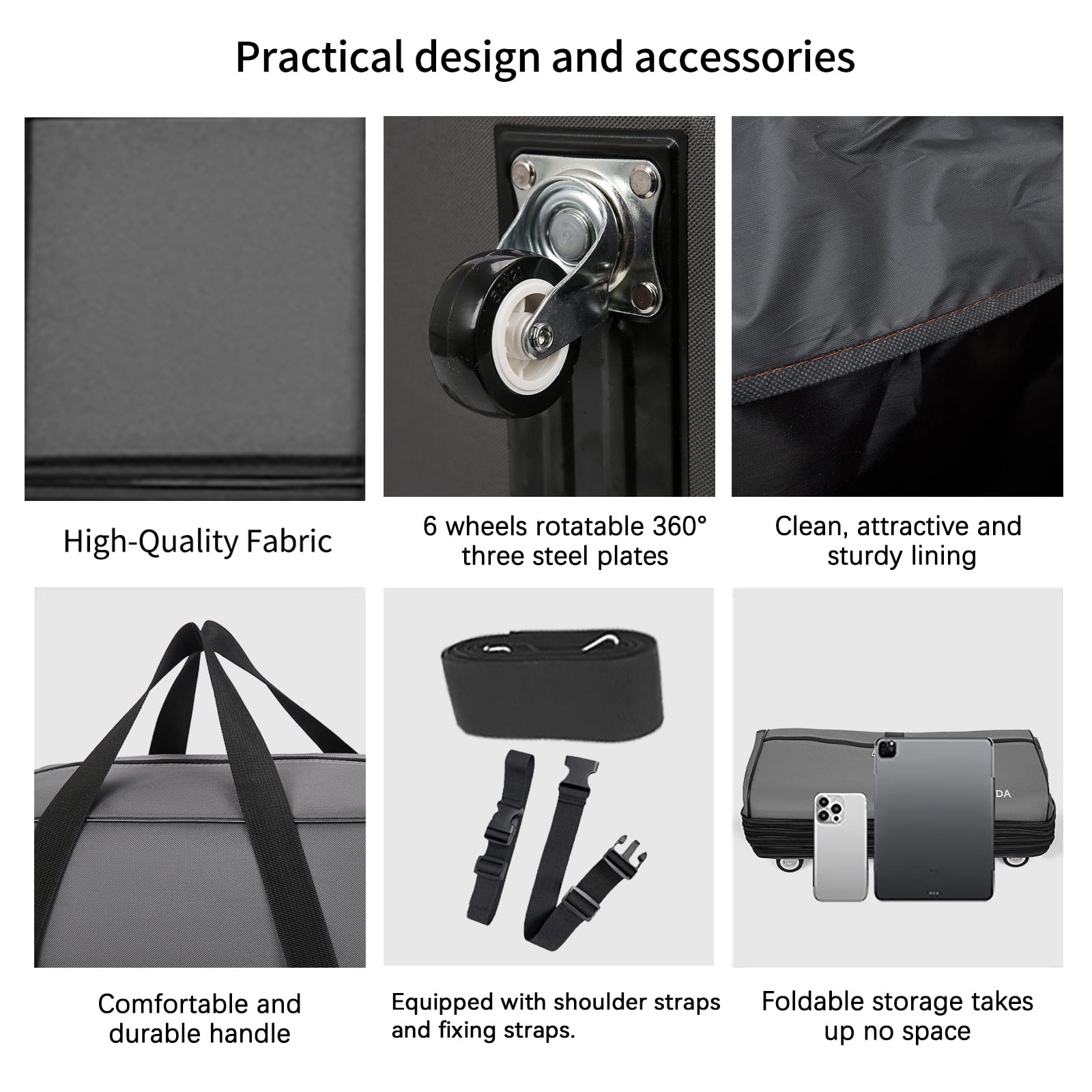 Gloyuda 42 inch Rolling Bag, Duffle Bag with Wheels, Rolling Tote Bags with Wheels, Collapsible Luggage, Travel Bag with Wheels and Handle, Roller Bag with 2 Fixing Straps and 1 Shoulder Strap