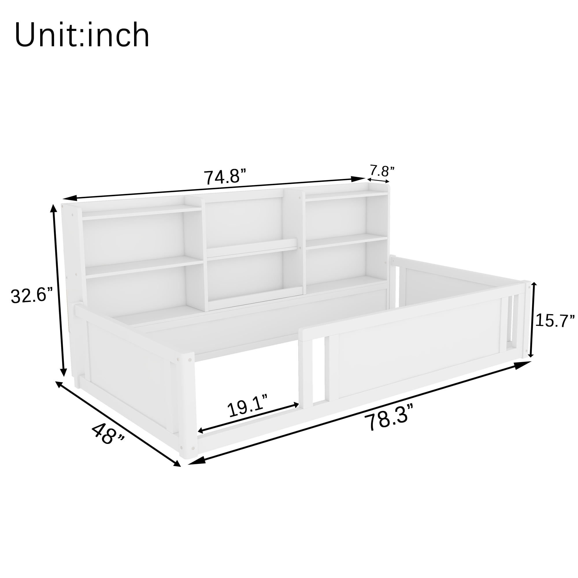 Mintazer Twin Size Montessori Floor Bed with Bookcase Headboard & Guardrails, Kids Platform Bed Frame with 6 Cubby Storage Shelves for Bedroom, White