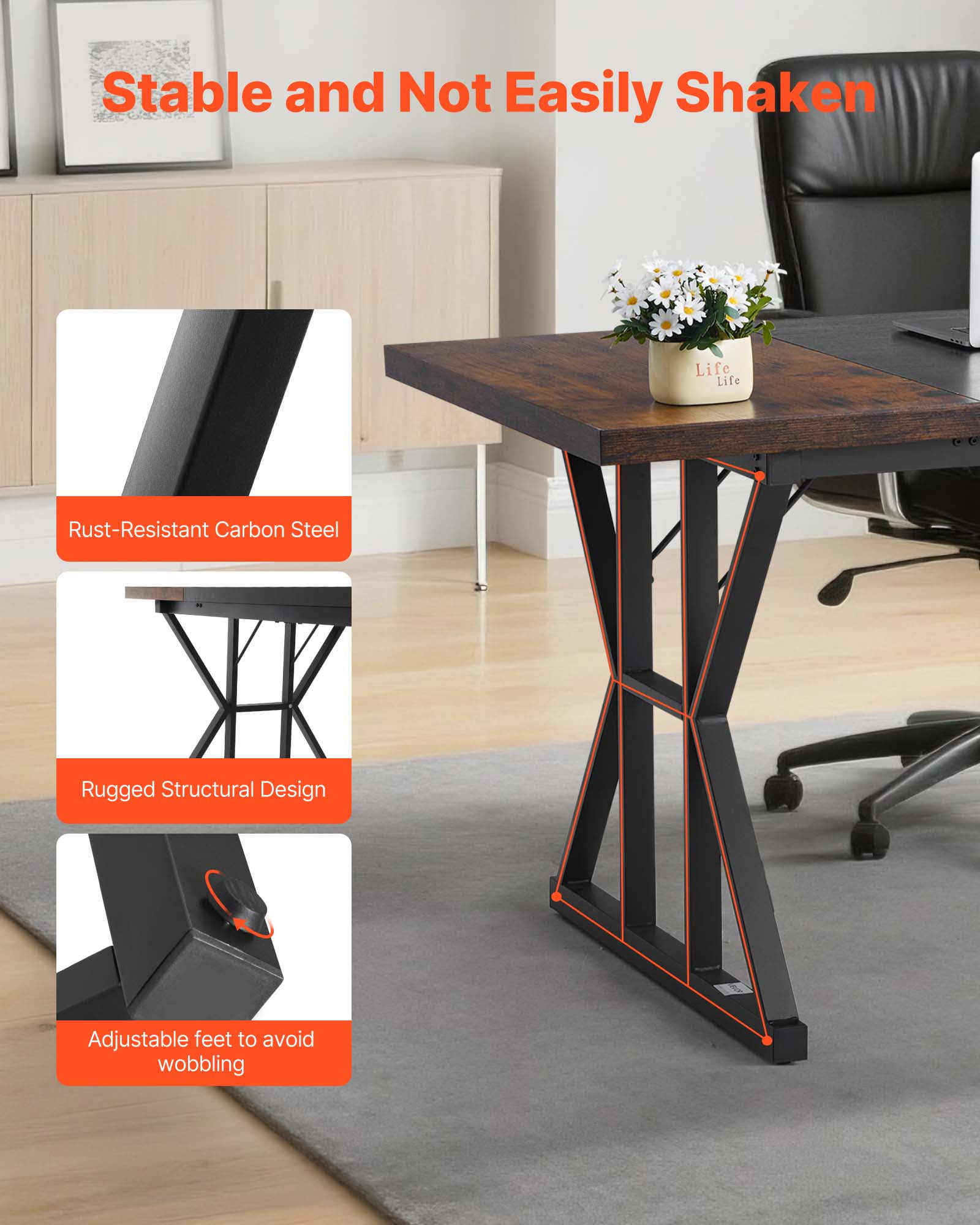 VEVOR Executive Desk 70.9 x 31.5 inch, Large Computer Desk PC Workstation for Home Office, Modern Simple Wood Laptop Study Writing Table Metal Frame Business Furniture, Rustic Brown and Black