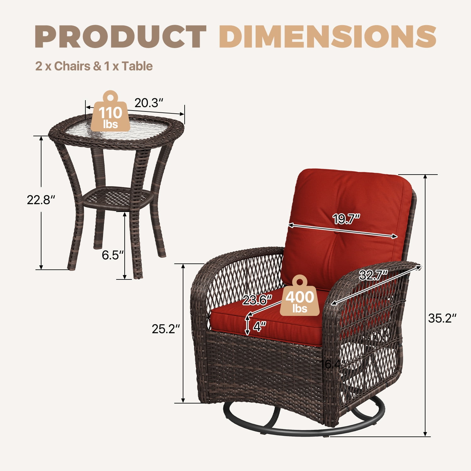 BaPiPro 3 Piece Red Outdoor Swivel Rocker Wicker Patio Furniture Set, All-Weather Resistant Rattan Conversation Set with Cushions & Tempered Glass Side Table for Porch, Deck, Backyard