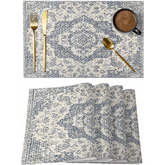 Placemats Set of 6, Beige Blue Boho Washable Wipeable Table Mats for Dining Tables, Medieval Vintage Ethnic Floral Abstract Indoor Outdoor Waterproof Kitchen Place Mats for Holiday Table Decor