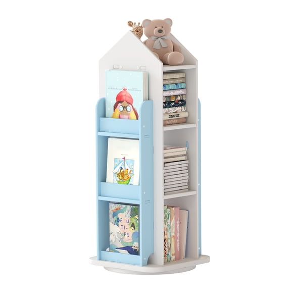 VGBYUJ 3 Tier Rotating Bookshelf, 360° Revolving Display Floor Standing Bookshelves, Spinning Book Shelf Organizer for Home Bedroom, Blue