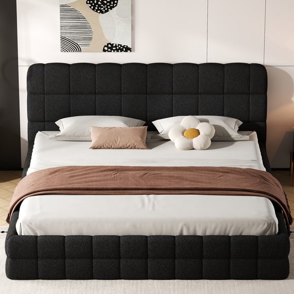 Euroco Upholstered King Size Platform Bed with Tuft Headboard, Beige