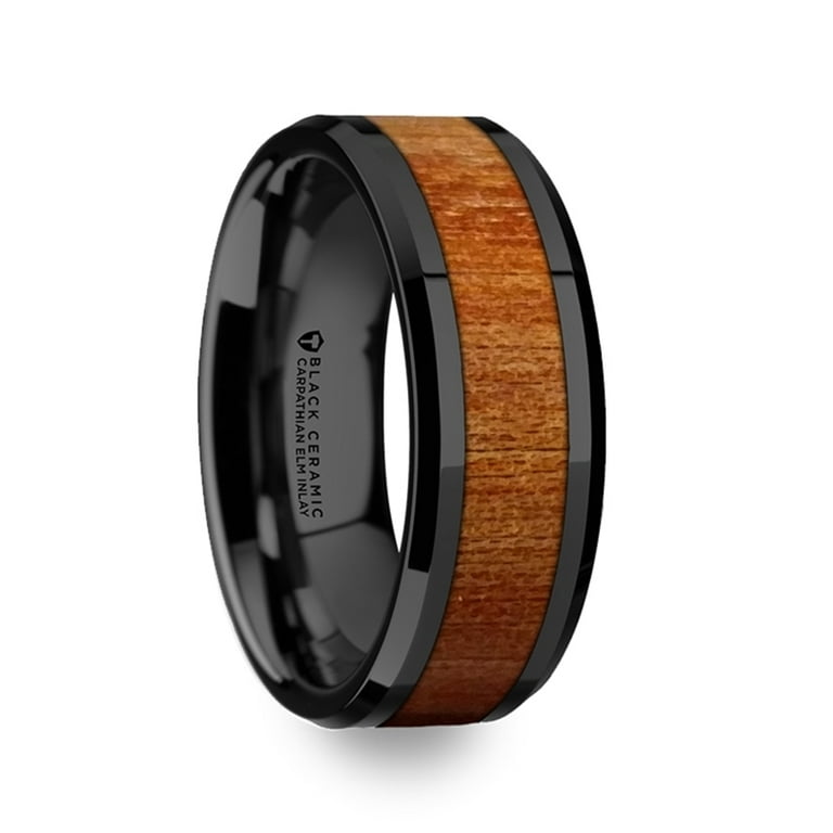 Thorsten THRACIAN Carpathian Wood Inlaid Black Ceramic Ring w/ Bevels Thorsten THRACIAN Carpathian Wood Inlaid Black Ceramic Ring w/ Bevels