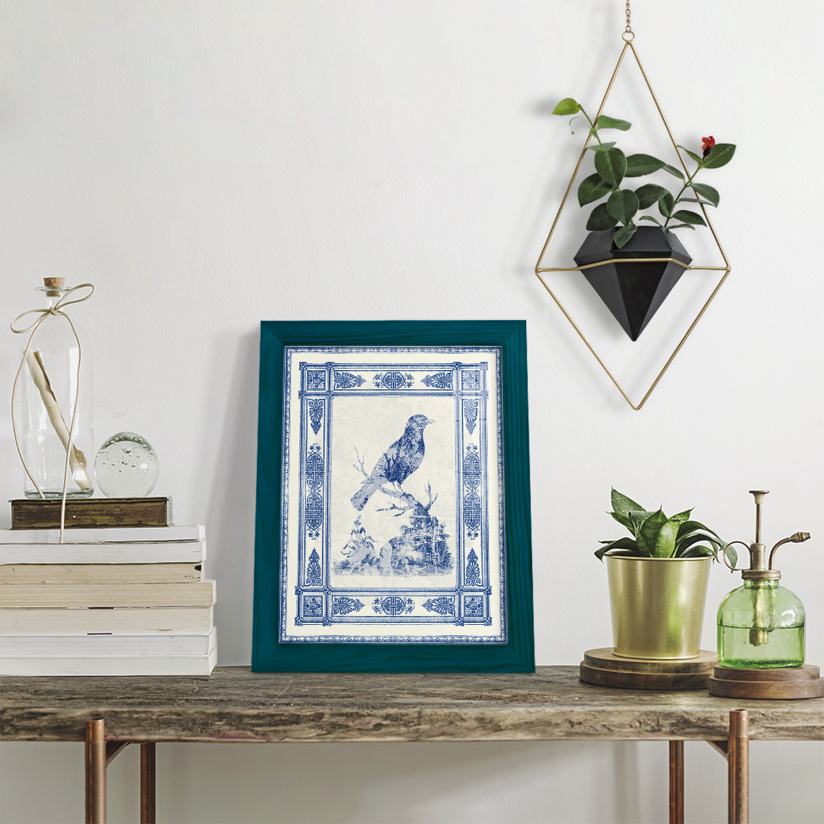 Toile de Jouy I -Framed Print w/glass-Ocean Blue