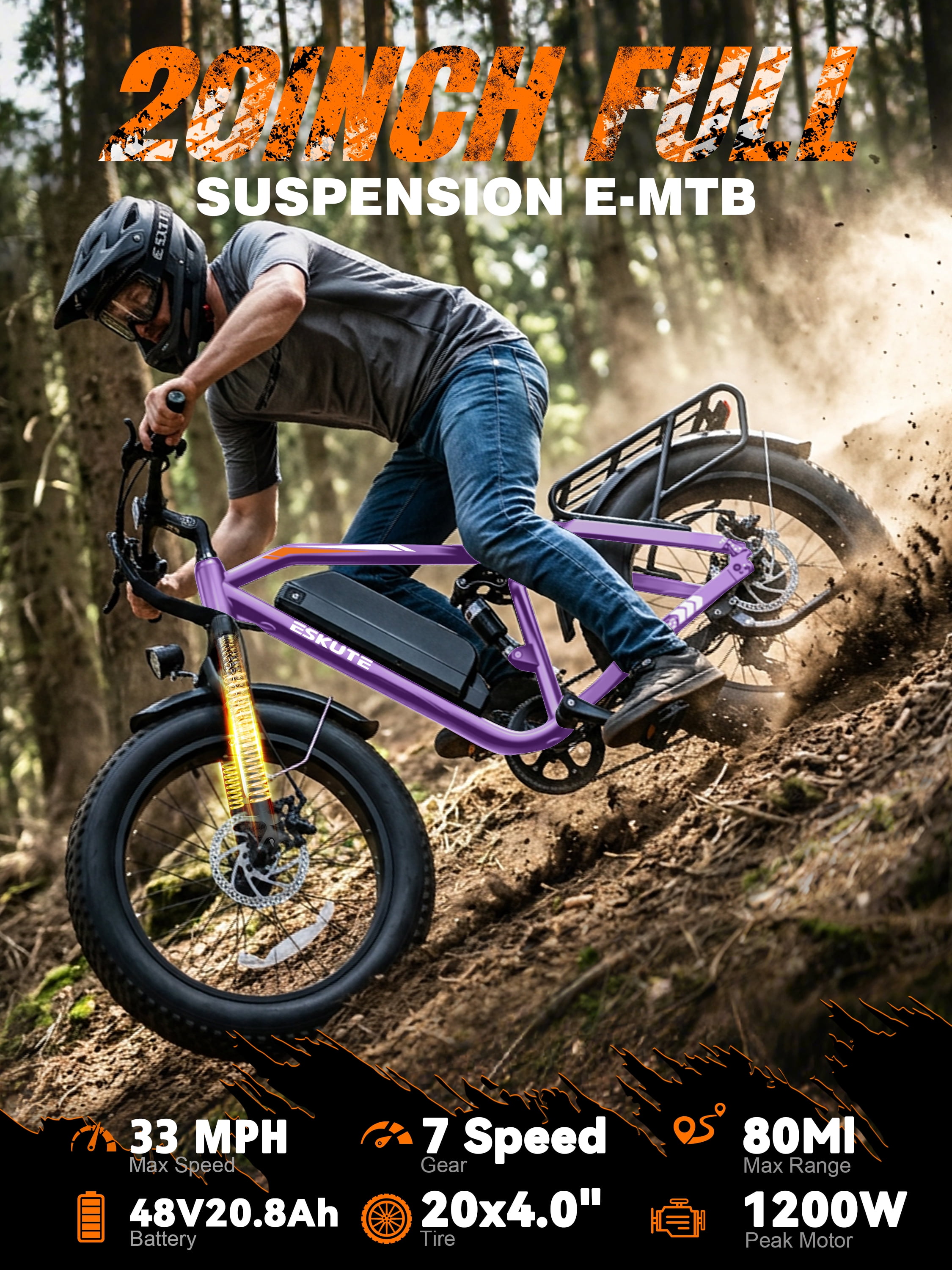 ESKUTE M300F Full Suspension Electric Bike, 20" Fat Tire Ebike, 48V 20.8Ah Removable Battery, 1200W Peak Motor, 7-Speed, Up to 80 Miles, Purple with Phonebag & Lock, UL2849