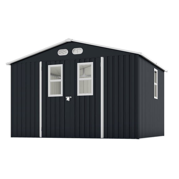 8x8 FT Storage Shed with Protective Film, 4 Windows & Lockable Doors in Dark Gray