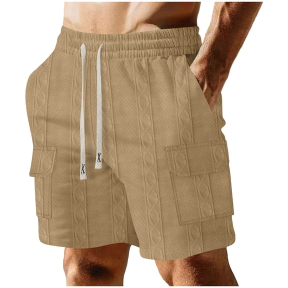 Kvture Men's Corduroy Shorts Casual Elastic Waist with Drawstring Textured Lightweight Summer Beach Shorts Featuring Pockets Khaki M