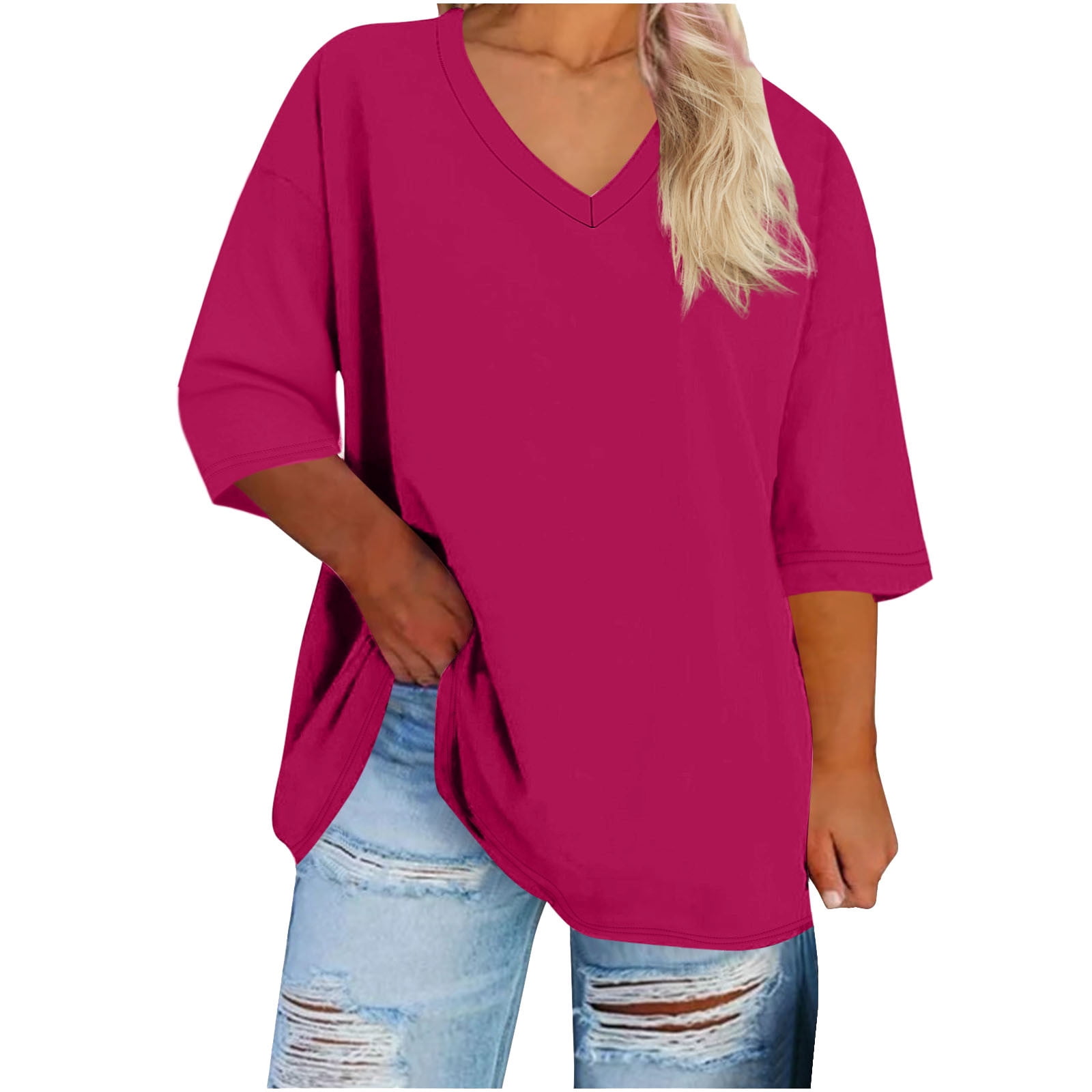 2 Pack 3/4 Sleeve Tops for Women Plus Size XL-5X V Neck T Shirts Womens Casual Solid Color Loose Pullover Breathable Basic Athletic Workout Tees Top