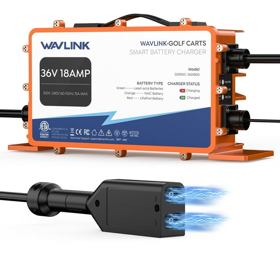 WAVLINK Golf Cart Smart Battery Charger GS950C - 36V 18A Max, 738W Output, IP67 Waterproof, LiFePO4/NMC/Lead-Acid Compatible, Intelligent Charging with CPU-Controlled PWM Technology