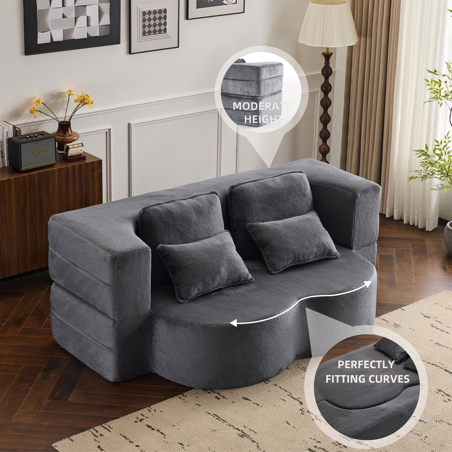 Demi Bonn 78" Foldable Sofa Bed, Chenille Futon Couch, High-Density Foam Convertible Sleeper Sofa for Living Room, Guest Room, Bedroom, Gray