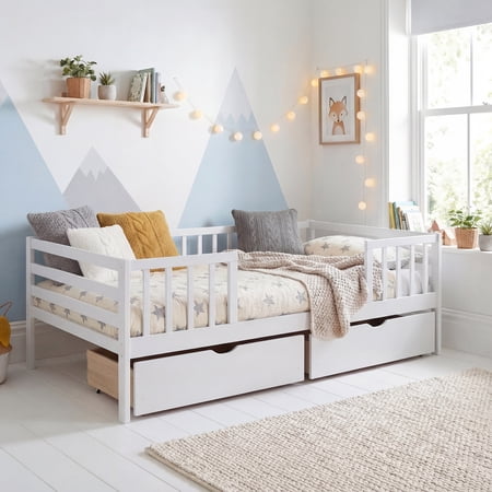 ELLEGNT Full Size Daybed with Fence and 2 Drawers - Bed Frame, Slats Support, Railings, for Bedroom or Daycare White