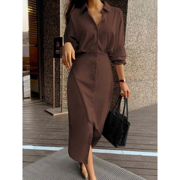 Coffee Dress, Long Sleeve Button Front Midi with Side Split
