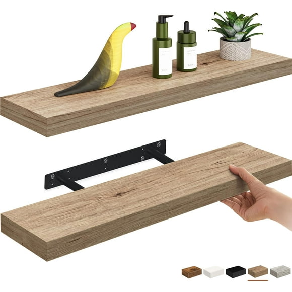 Ballucci Floating Shelves, 24" Wood Wall Shelf Set of 2, Invisible Brackets Floating Shelf Bathroom Wall Decor, Living Room, Bedroom, Kitchen, Nursery, 6" Deep, Natural Oak