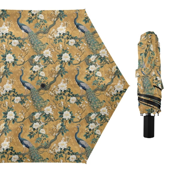 Peacock and Flower Compact Sun Umbrella Windproof Travel Umbrellas for Rain Strong Portable UV Protection