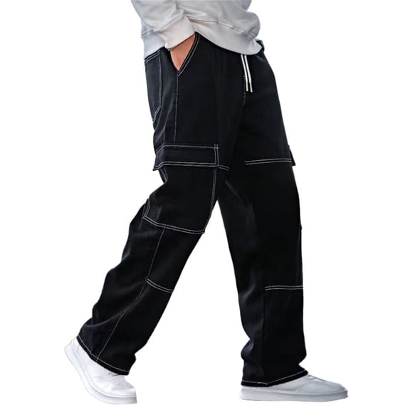 Migroa Mens Baggy Jeans Elastic Waist Denim Casual Loose Fit Wide Leg Cargo Pants with Drawstring Streetwear Pants Black L
