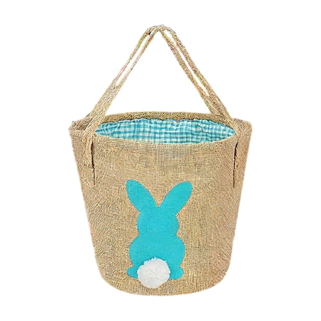 Easter Gift Bag Round Linen Tote Basket with Rabbit Design 9.5 in x 9 in Green Blue Hot Pink