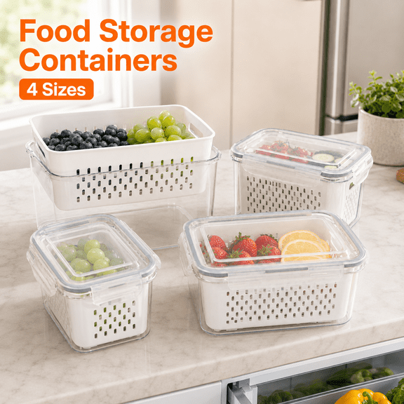 VBNDMAW 4-Piece Fruit Storage Containers for Fridge with Drain Baskets, Leak-Proof BPA-Free PP Produce Keepers, Stackable Refrigerator Organizers