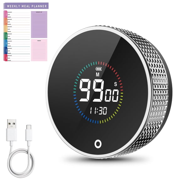 Rechargeable Magnetic Digital Kitchen Timer - Large LED Display, 3 Adjustable Volume for Cooking,Workout, Productivity,with Meal Planner